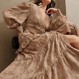 Khaki Elegant Womens Ruched V-Neck Puff Sleeve Slim Fit Maxi Dress